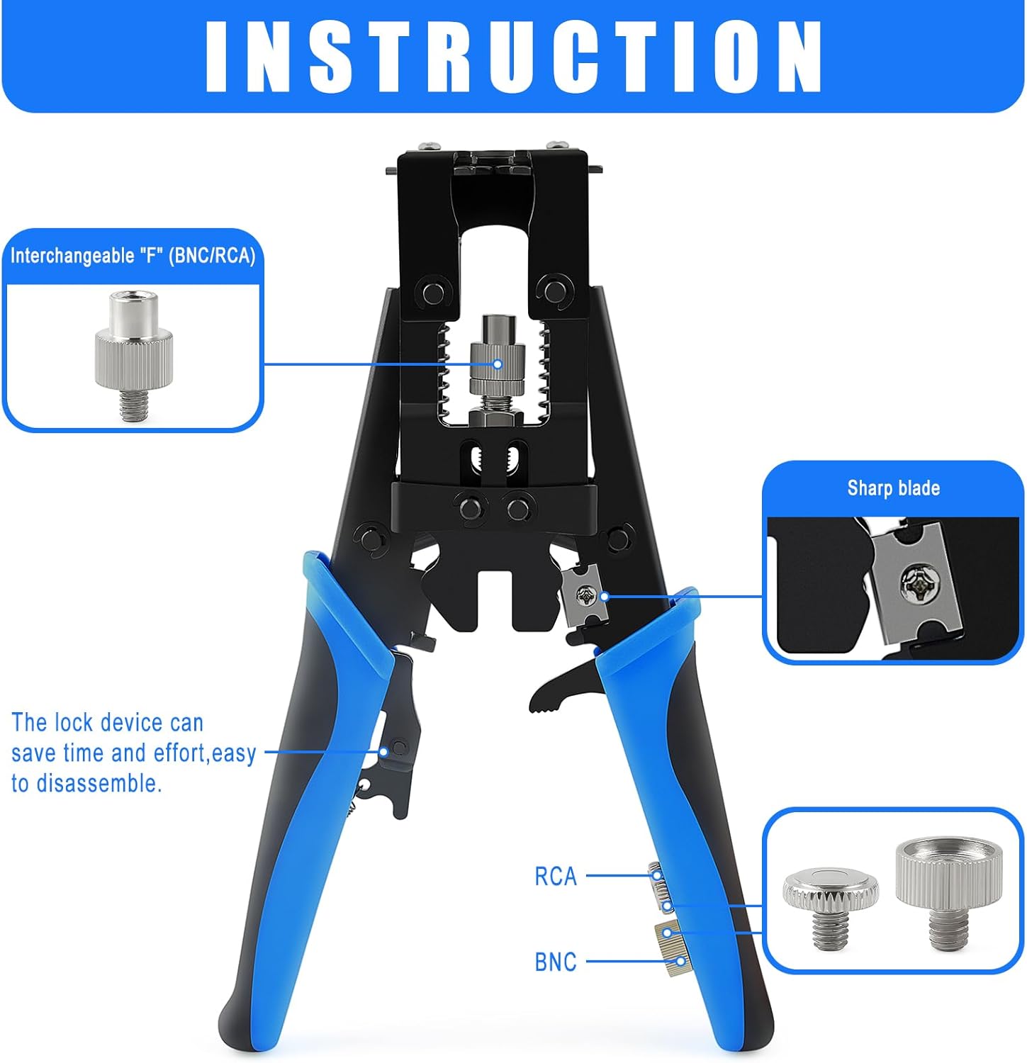 Delgada Coax Cable Crimper, 3 in 1 Multifunctional Compression Adjustable Tool for F BNC RCA,RG58 RG59 RG6, Universal Wire strippe