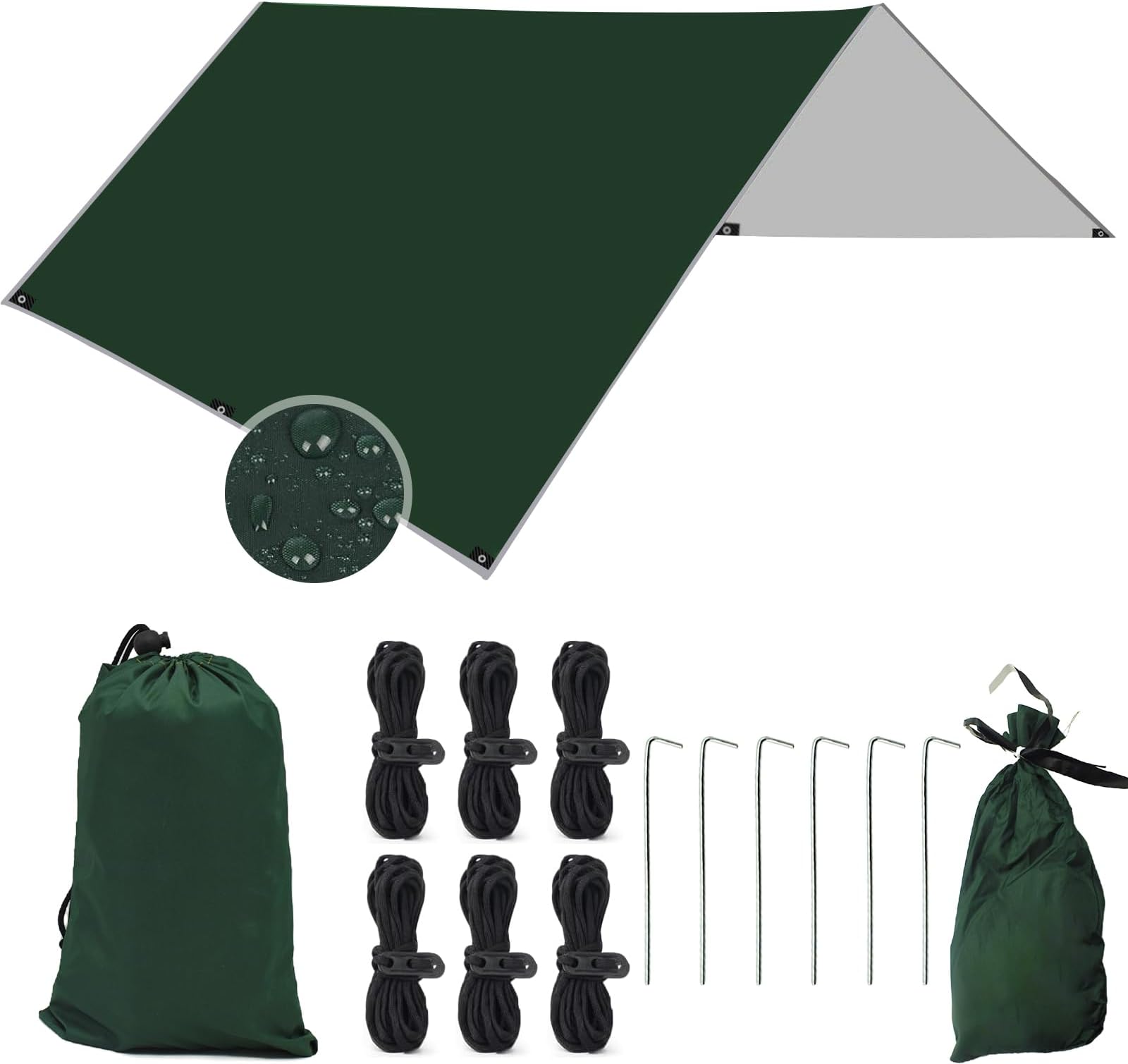 ZOUFRIDN Camping Tent Tarp Shelter, 3 x 3m Hammock Tarpaulin Waterproof Ground Sheets Portable Tarpaulin Shelter Anti-UV Sunshade for Outdoor, Travel, Camping Picnic Hiking Adventure(Dark Green)