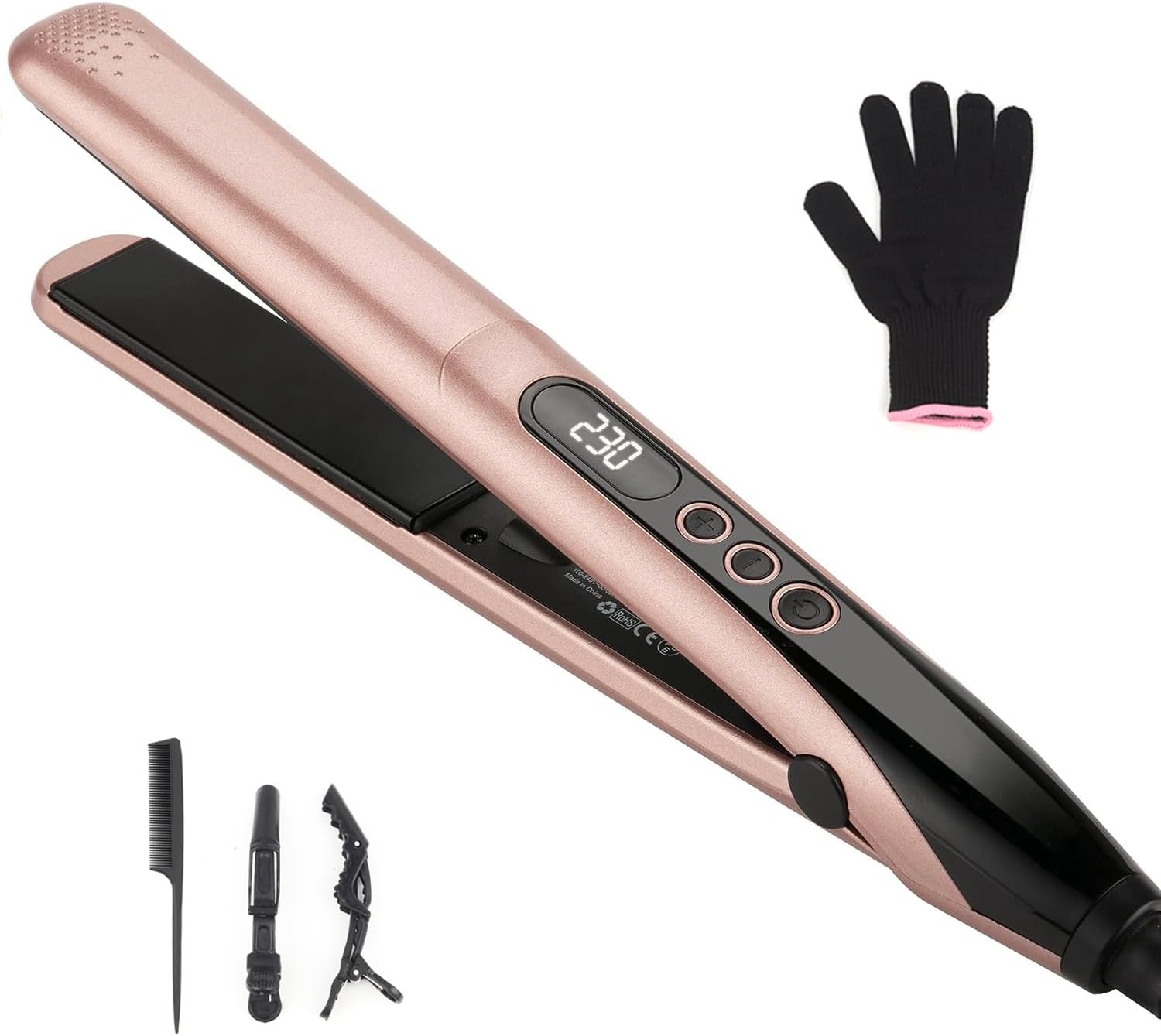 Hair Straightener, Professional Ceramic Plates Straightener for Women Hair Flat Iron and Hair Curler 2 in 1, Lasting Results, Digital Display 100ยฐCโ230ยฐC, with Glove