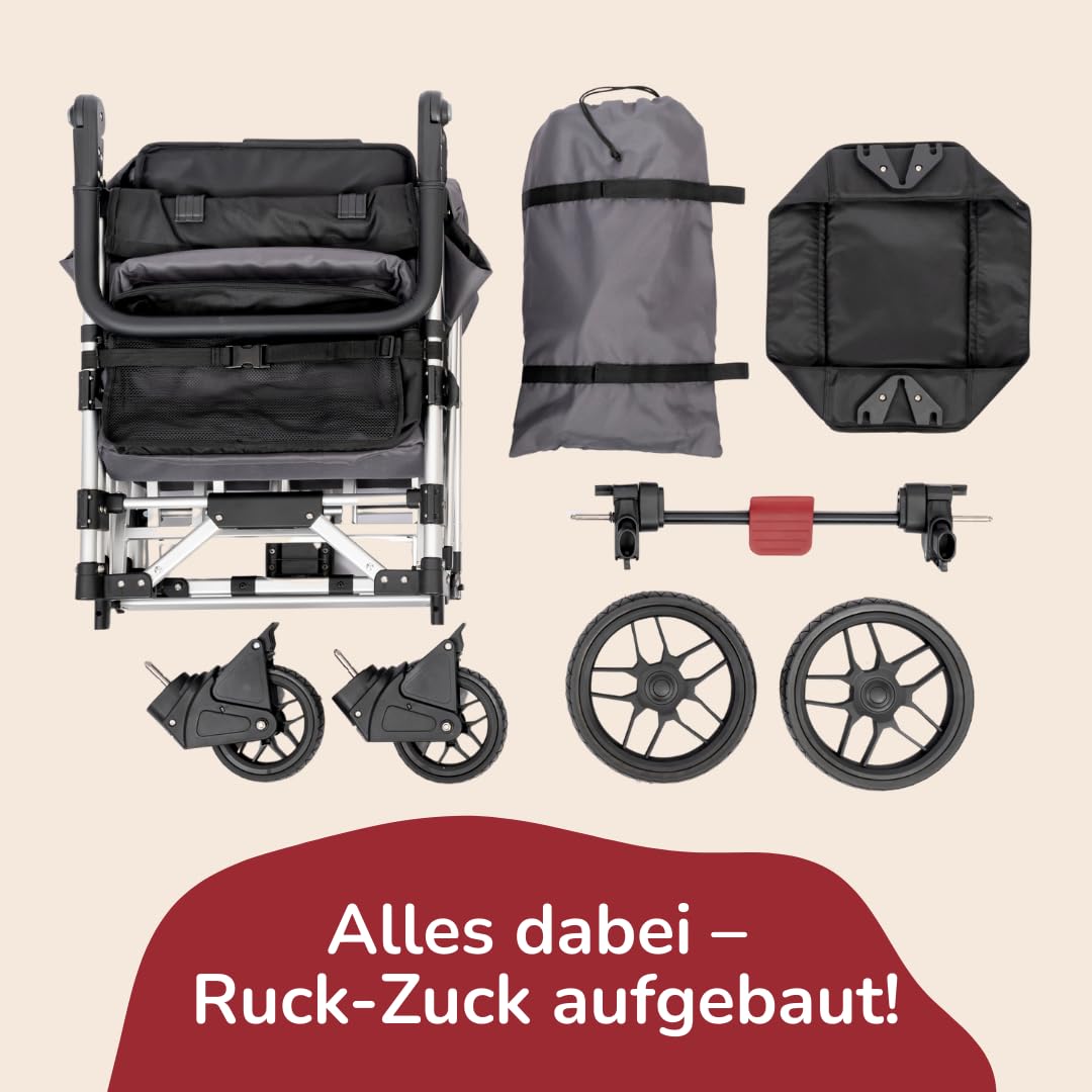 elvent® FamilyStar 2 Sitzer Bollerwagen | Handwagen faltbar mit Dach I Sitzpolster, Hecktasche, Feststellbremse, PU-Reifen, 5-Punkt-Gurte für 2 Kinder, Teleskop-Zugstange