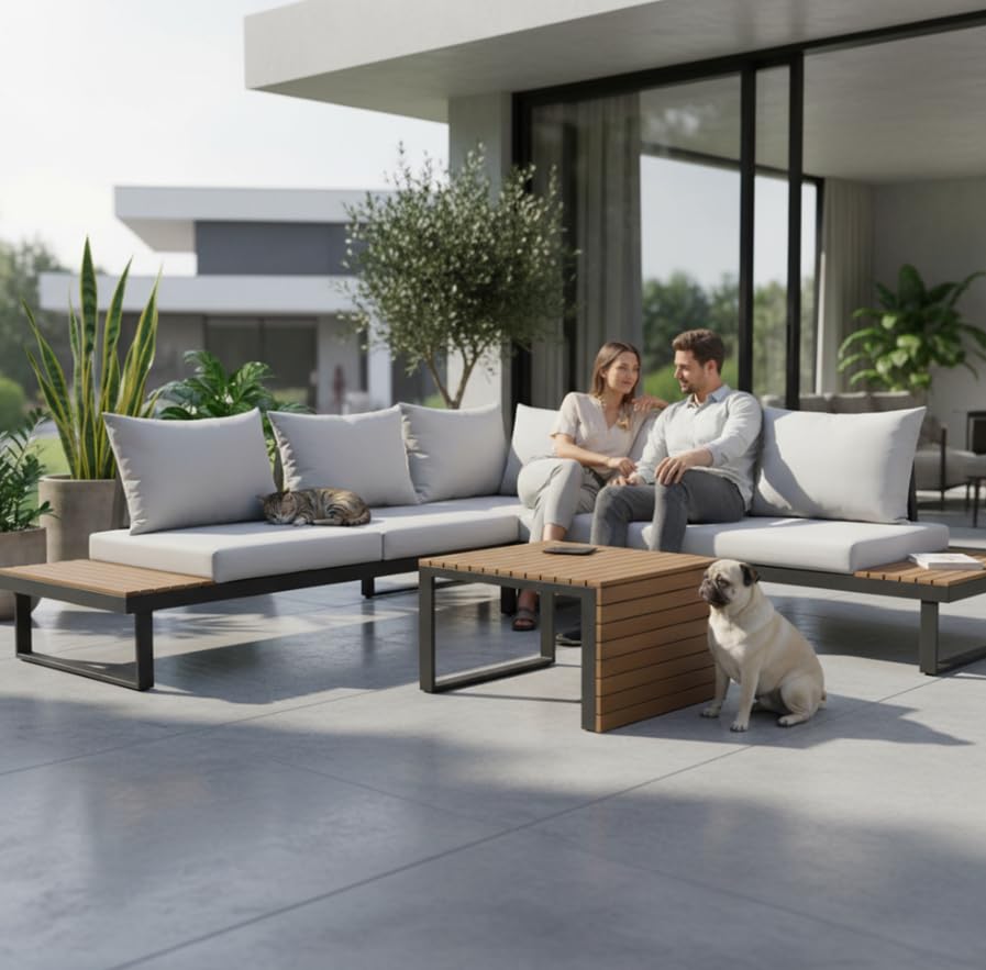 BDW Marbella Salon de jardin en aluminium gris avec polywood design modulaire pour terrasse et jardin, canapé 2 places, canapé d'angle, table basse