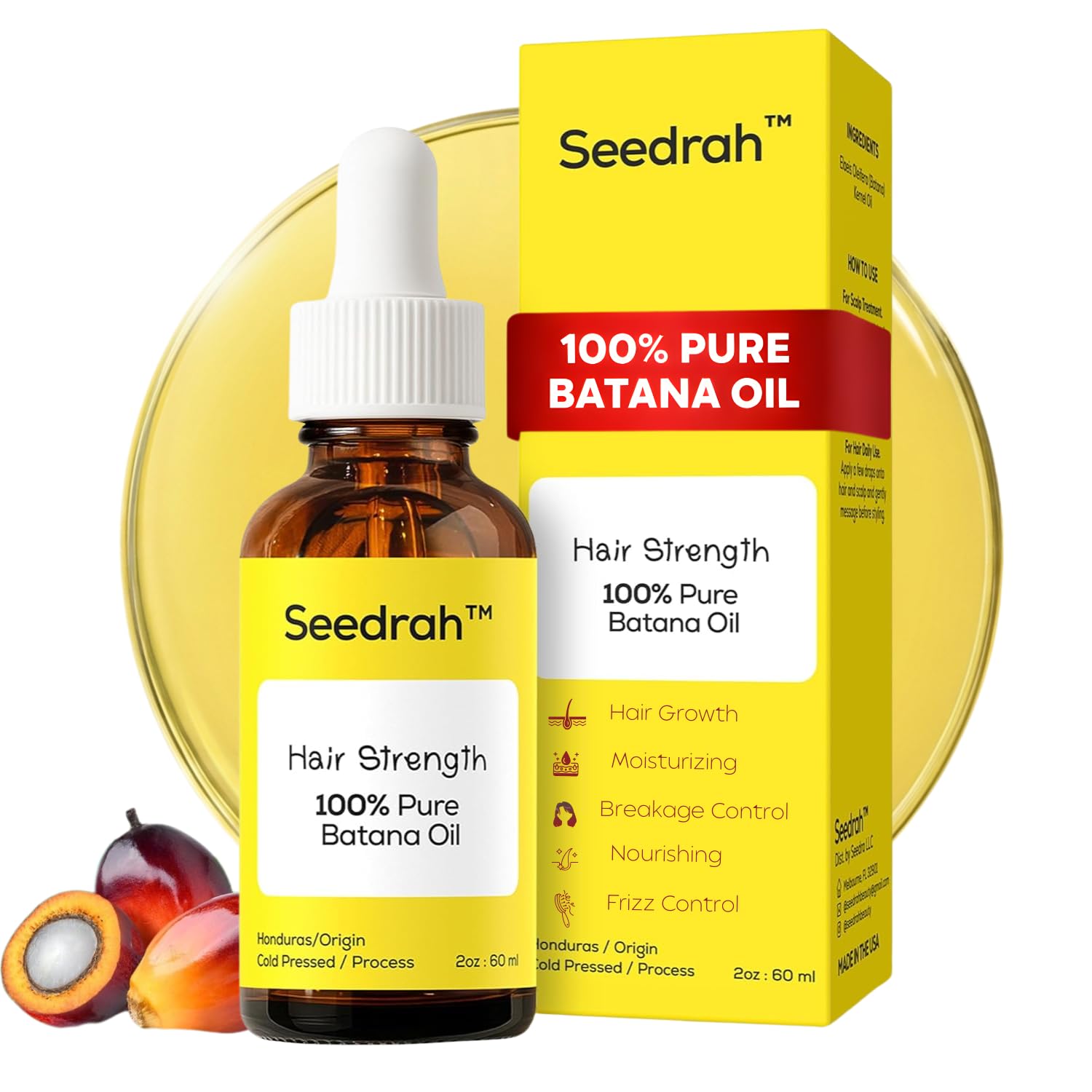 Batana Oil for Hair Growth, 100% Pure & natural Batana Oil from Honduras, helps Prevent Hair Loss, Eliminate Split Ends for Men & Women|For All Hair Types - 2 fl oz