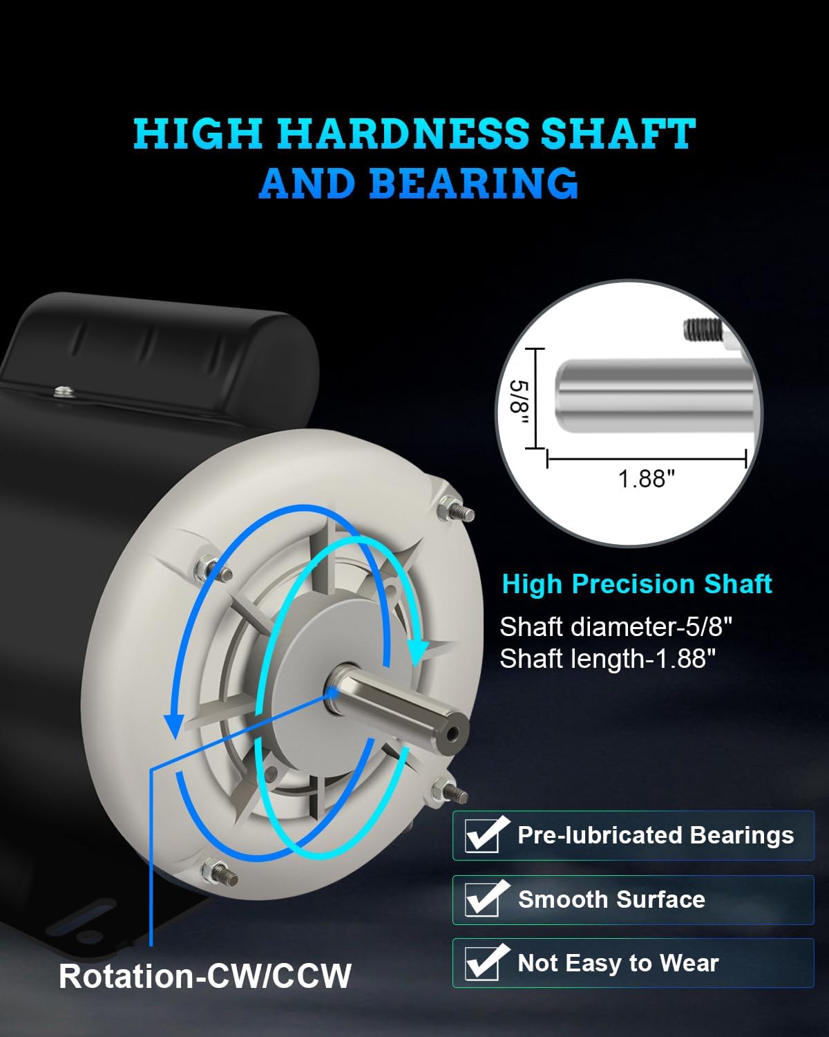 1/2HP Electric Motor, Agricultural Compressor Motor, Single Phase 1750RPM,115/230V, 5/8" Shaft Diameter CW/CCW,TEFC,IP55,60HZ