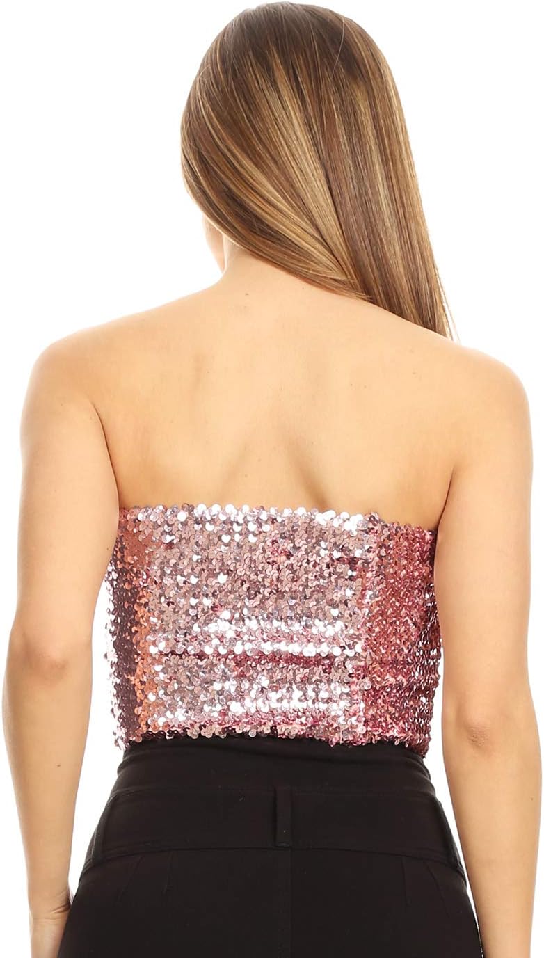 Anna-Kaci Womens Shiny Sequin Party Cropped Strapless Bandeau Stretch Tube Top - Image 2