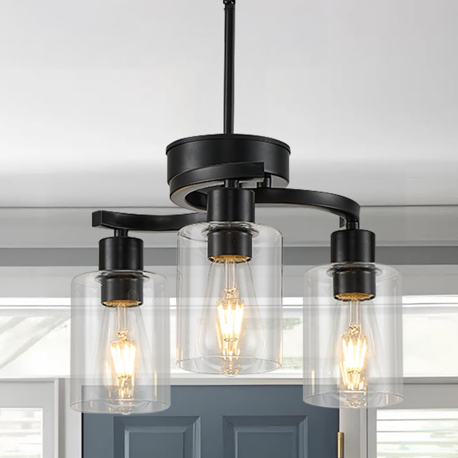 3 Lights Farmhouse Black Chandeliers Adjustable Height Hanging Modern Industrial Ceiling Pendant Lights for Kitchen Island Living Room Foyer Entry Bedroom Staircase