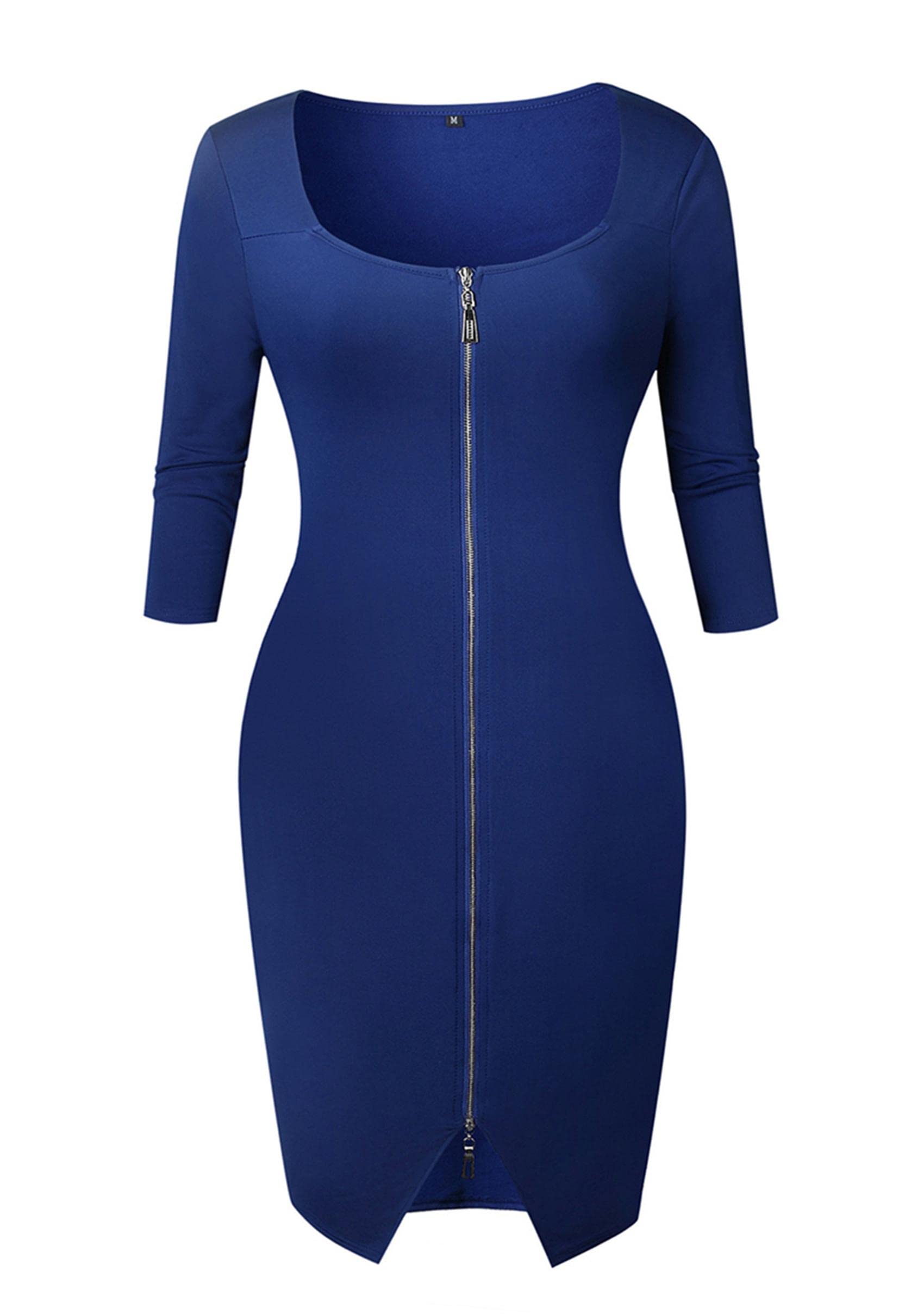 YMING Womens Zipper Front Bodycon Dress 3/4 Sleeve Midi Dresses Sexy Solid Color Club Dress: XX-Large Blue