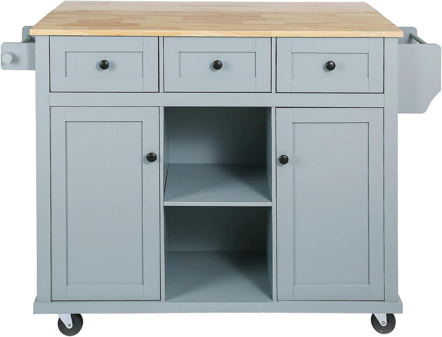Kitchen Cart with Rubber Wood Drop-Leaf Countertop,Cabinet Door Internal Storage Racks,Kitchen Island on 5 Wheels with Storage Cabinet and 3 Drawers for Dinning Room, Grey Blue