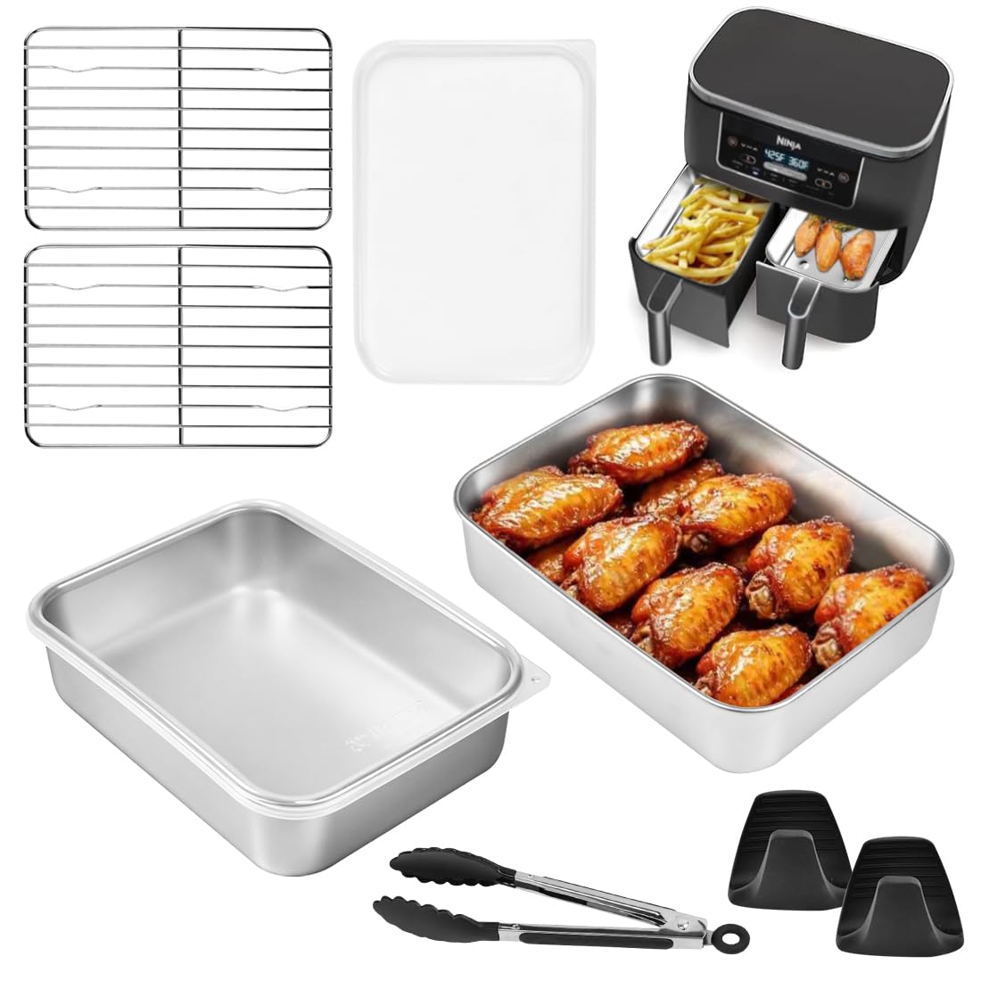 Linzerry 6-teilig Airfryer Zubehör Set Edelstahl 304 Auflaufformen mit Deckel, Gitter, Silikonhandschuhe, Zange Edelstahl Airfryer Zubehörset Heißluftfritteuse Zubehör für Dual Zone Heißluftfritteuse
