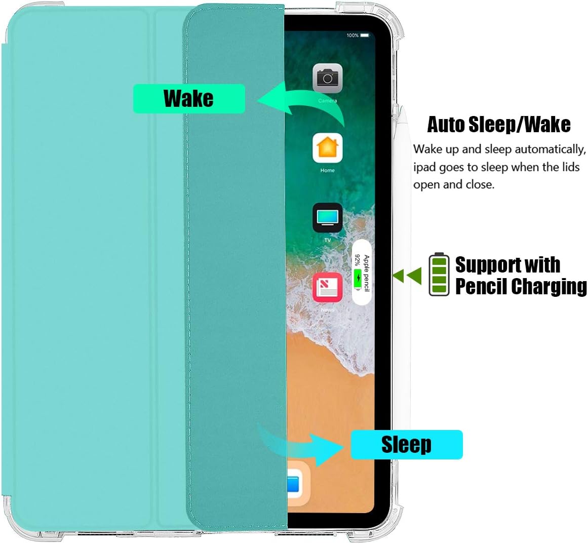 Valkit Case for iPad Air 4th Generation 2020, iPad Air 4 10.9 Inch Case, [Support 2nd Gen Apple Pencil Charging] Translucent Frosted Protective Smart Back Cover for iPad Air 4 10.9" 2020, Mint Green