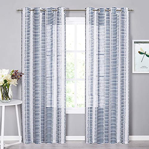 Stangh Navy Blue Sheer Farmhouse Curtains - Boho Semi Sheer Window Panels Rustic Striped Pattern Curtains Grommet Privacy Sheer Drapes For Balcony Bedroom, W50 X L84, 2 Panels #TOP1