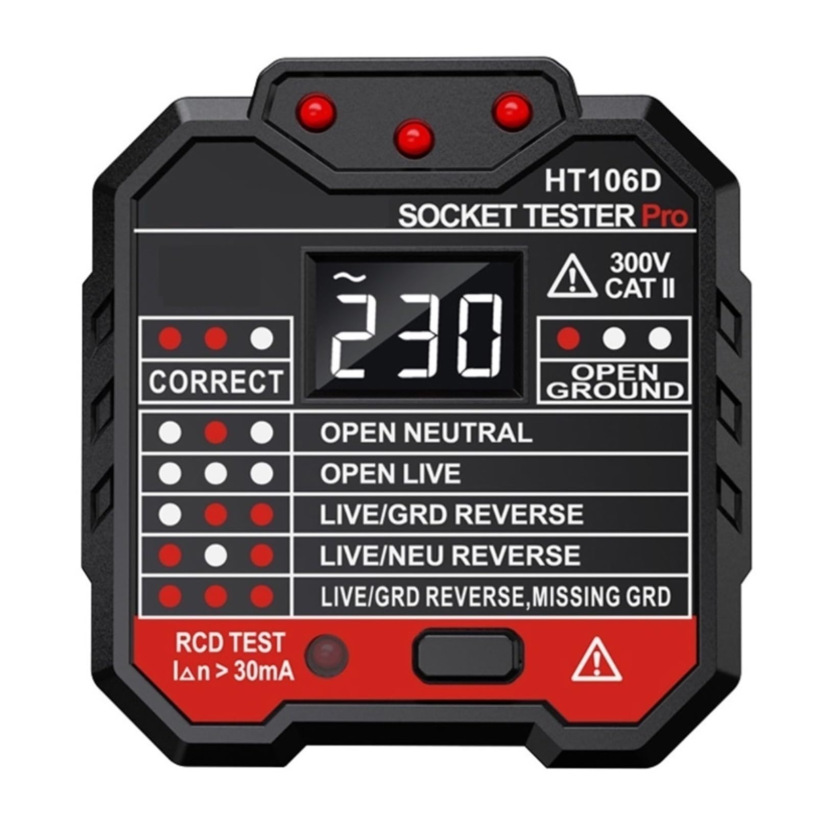 Probador de enchufes HT106D con detección de voltaje CA digital 3