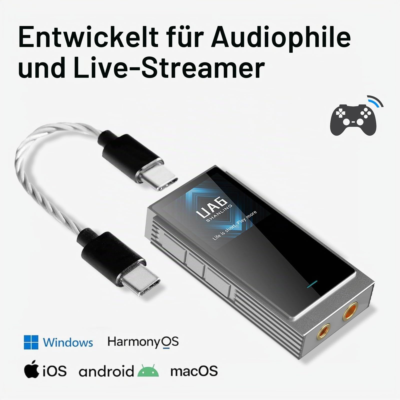 SHANLING UA6 Kopfhörerverstärker, tragbarer USB DAC Amp, DAC CS43131x4, 768kHz/32bit DSD512, 1,3IN Display, für Android/iOS/Mac/Windows, 3,5/4,4 mm/SPDIF-Ausgang, bis zu 361mW@32Ω Ausgang