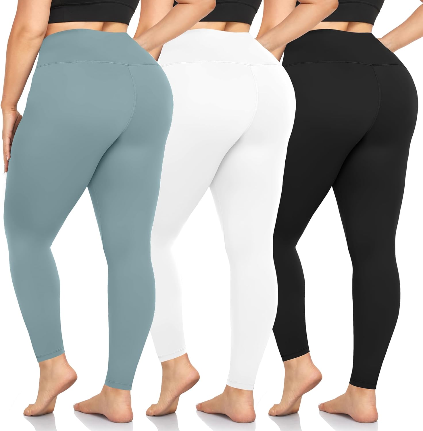 we fleece 3 Pack Plus Size Leggings for Women -Stretchy Size 3 X-Large-3X Tummy Control High Waist Spandex Workout Yoga Pants 3X-Large Black/White/Green