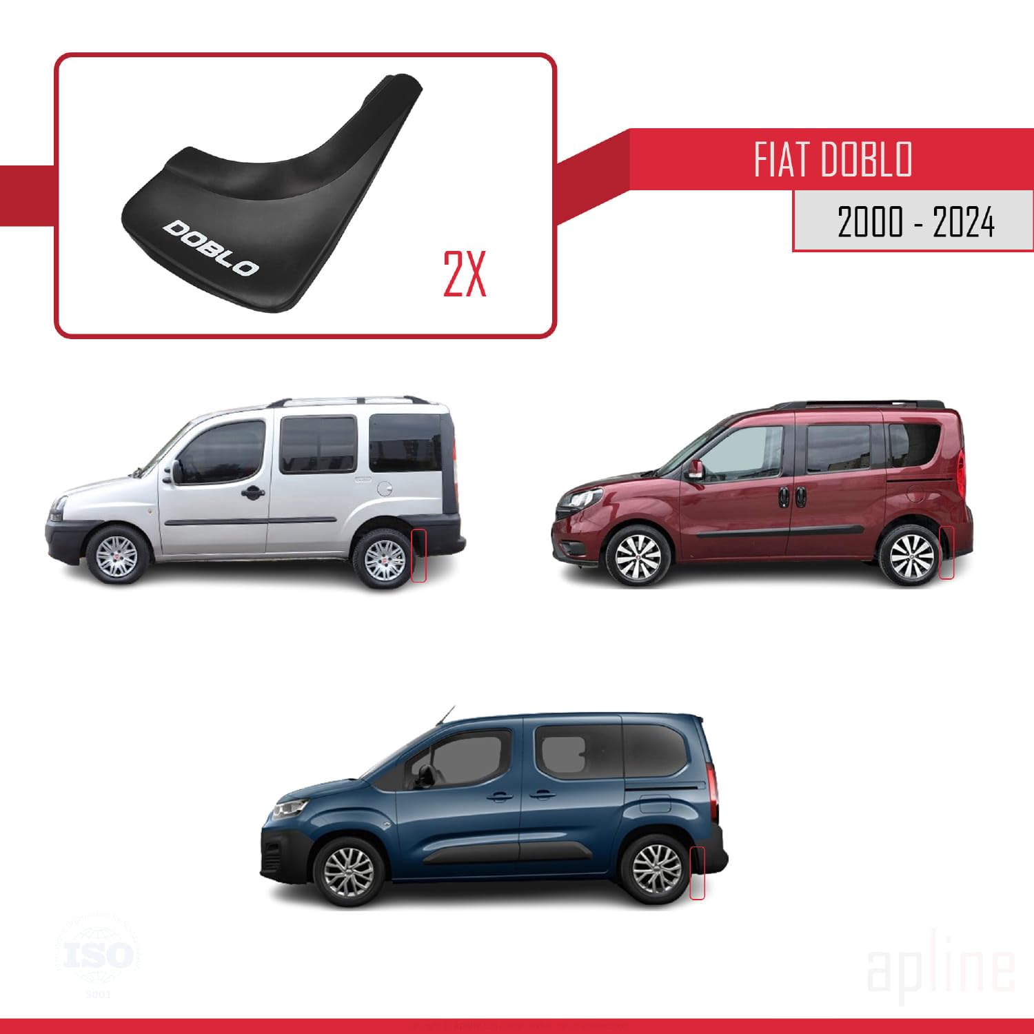 Compatibile con Fiat Doblo 2000-2024 Parafanghi anteriore + posteriore 4 pezzi KIT
