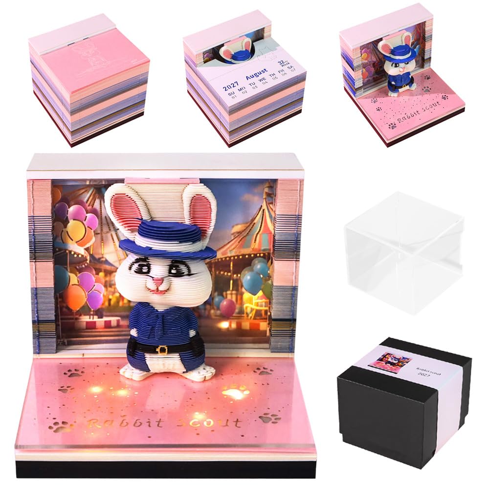 Dhqkqg 3D Calendar 2027,Rabbit-Shaped Tear Away Carving Time Piece Notepad,3D Desk Calendar With LED Light,DIY Paper Carving Art Memo Pad Paper Car-ving Art for Home Office Desktop Decoration Gift