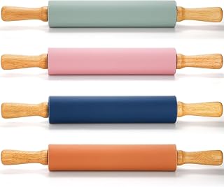 Yopay 4-Pack Non-Stick Silicone Rolling Pins with Wood Handles - 17 Inch Large Roller for Tortillas, Pizza Dough, Cookies, Pies & Pastries