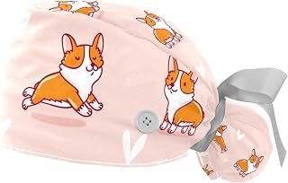 2PCS Working Hats for Men Cute Corgi Dog Pink Background Adjustable Women Work Caps Bouffant Hats with Sweatband, Multi, One Size