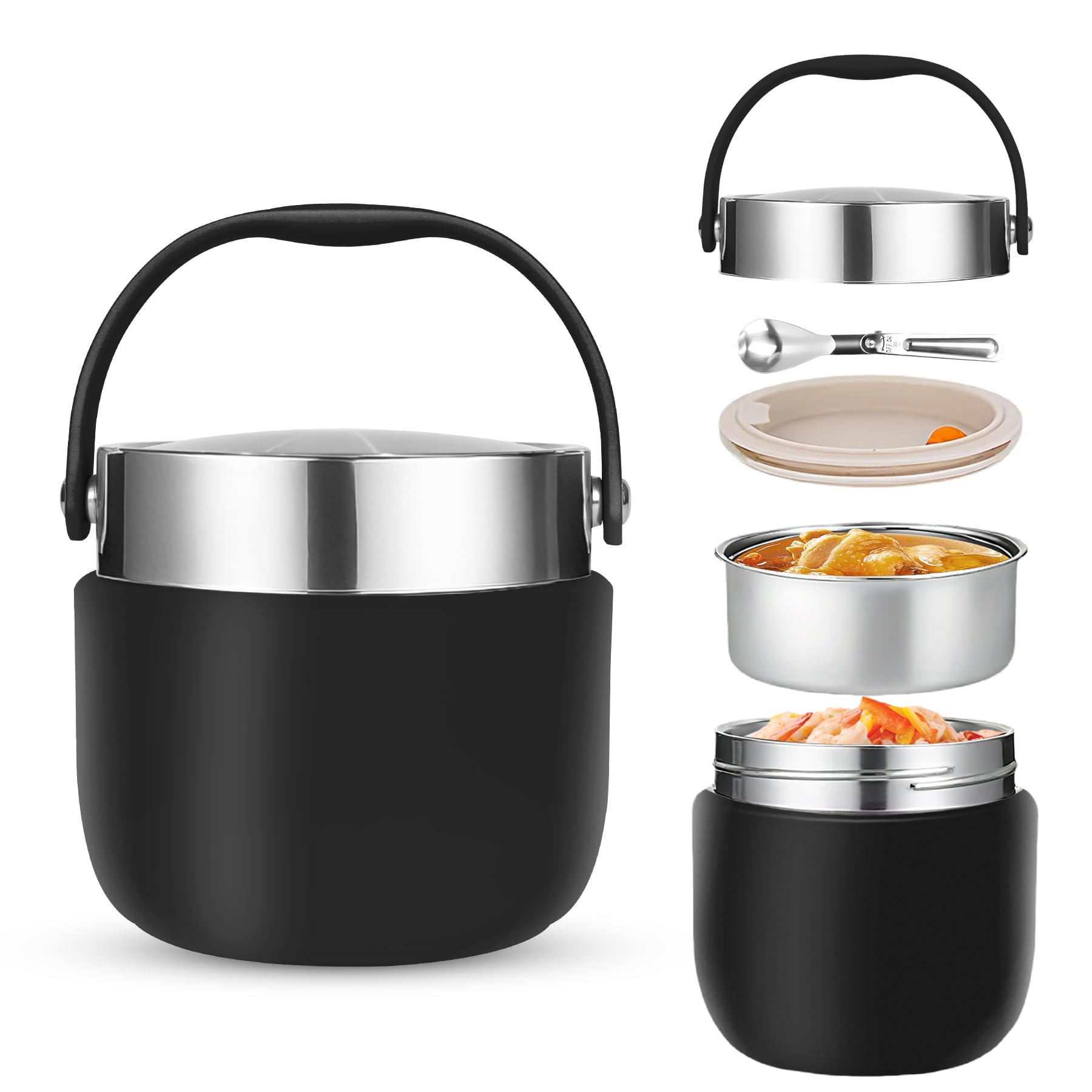 Portapranzo Termico per Alimenti 1200ml Contenitore Termico per Alimenti Caldi con Cucchiaio Pieghevole per Conservare Porridge,Zuppa,Frutta,Yogurt e Pranzi Nero