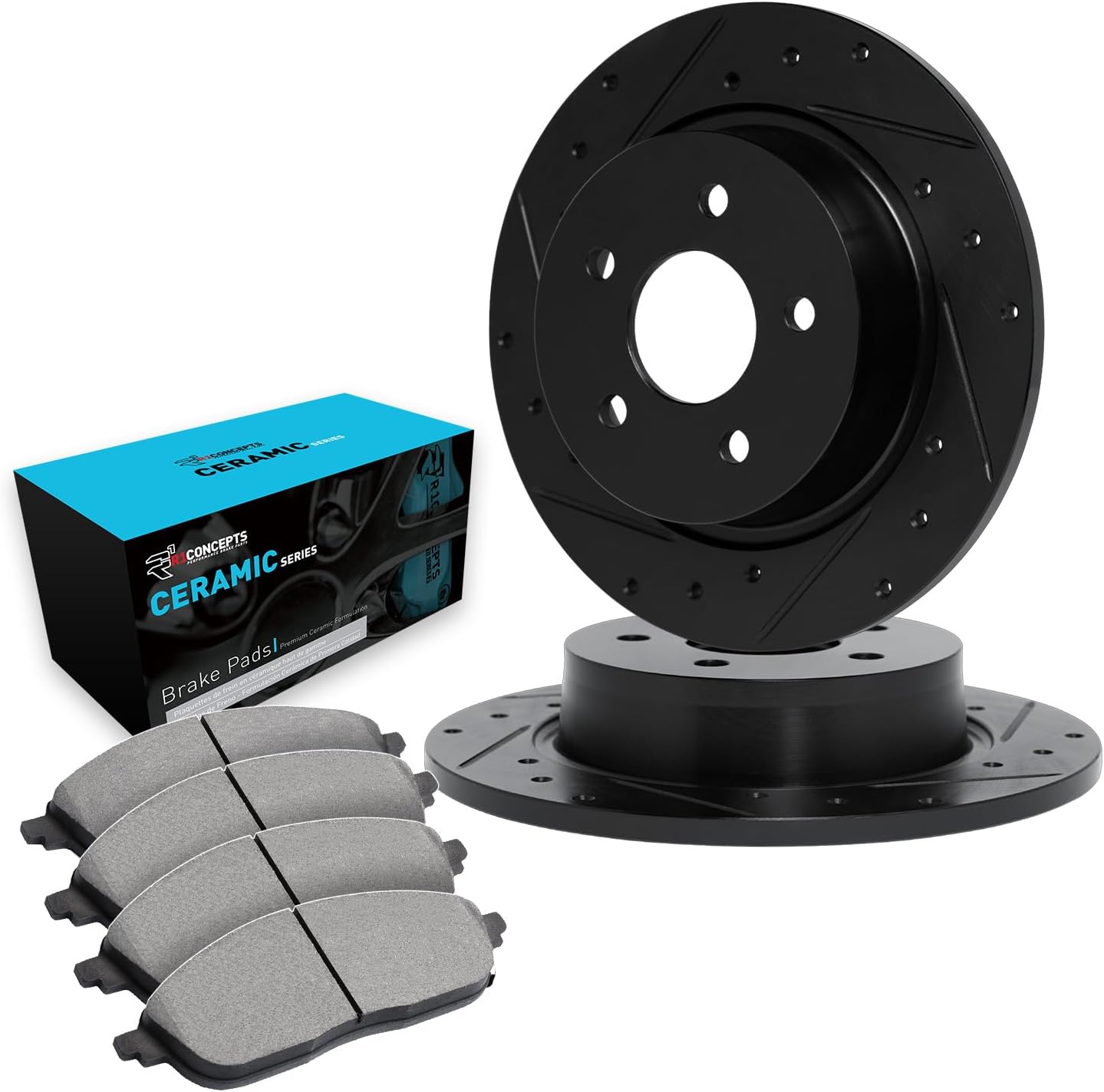 R1 Concepts Rear Brake Kit For 2010-2019 Hyundai Santa Fe, 2011-2014 Kia Sorento| Drilled Slotted Brake Rotors| Ceramic Brake Pads and Rotors Kit