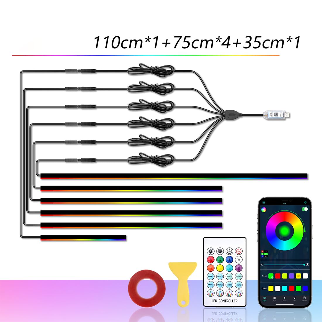 Bande LED Voiture Interieur,6 en 1 LED Ambiance Voiture,16 Millions de Couleurs,213 Modes contrôle sans Fil par Application,pour la décoration de l'habitacle et du Tableau de Bord.
