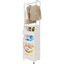 Laundry Basket with Wheels, 4-Tier Laundry Hamper Cart with Clothes Rack, Rolling Dirty Clothes Hamper for Bathroom Laundry Room Bedroom