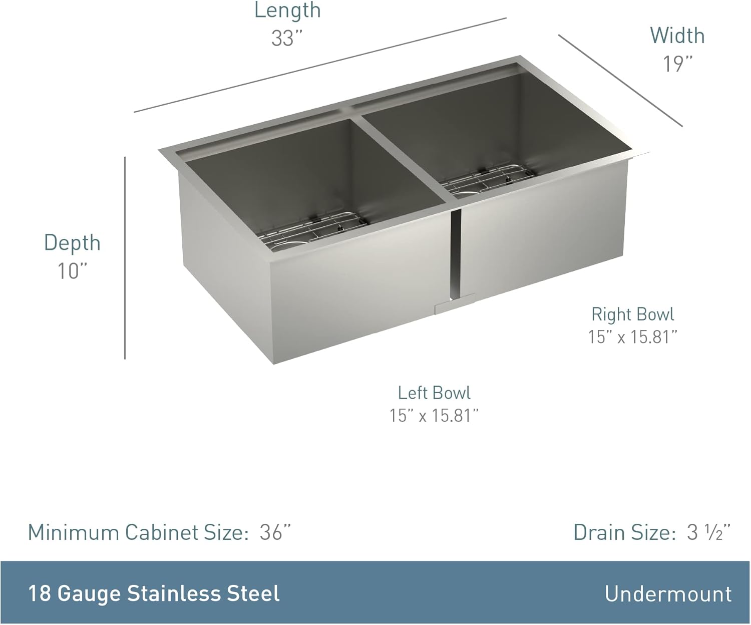 Moen Prep 18-Gauge Stainless Steel Dual Mount 33" x 22" x 9" Double Bowl Kitchen Sink with Bottom Grids Included, GS182072B