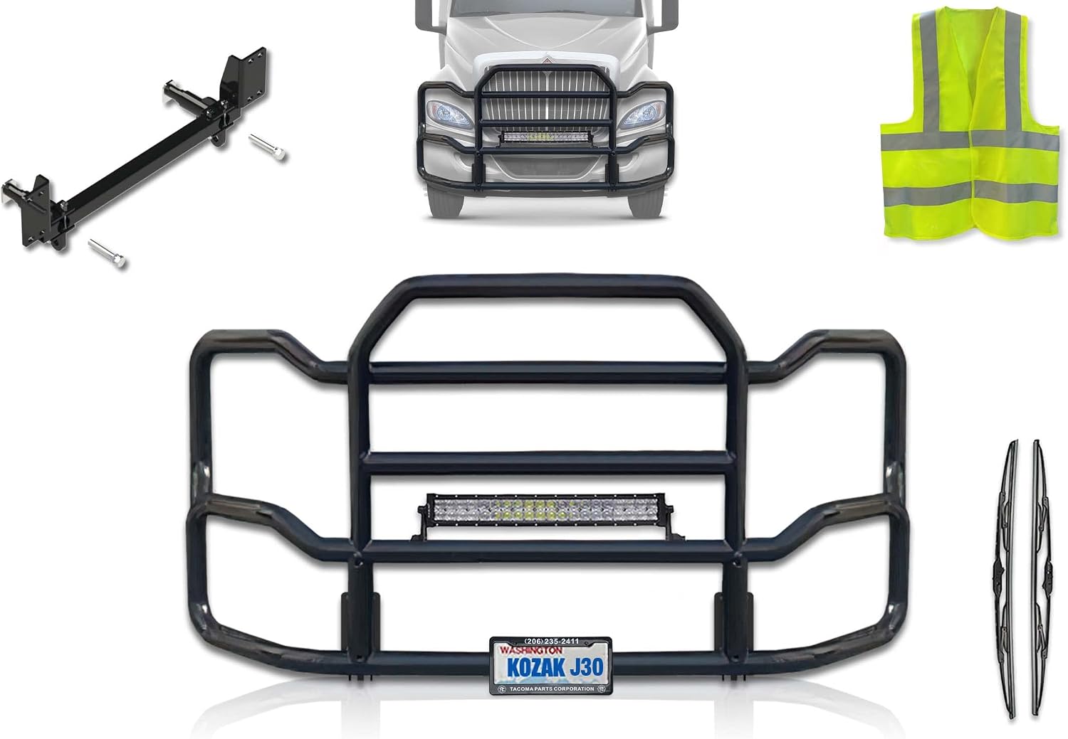 Black Front Grille Deer Moose Brush Bumper Guard Large Compatible with INTERNATIONAL RH (plastic bumper) PLUS Bracket, Logo, 22” LED Bar, Wipers, License Plate Holder and Frame, Vest