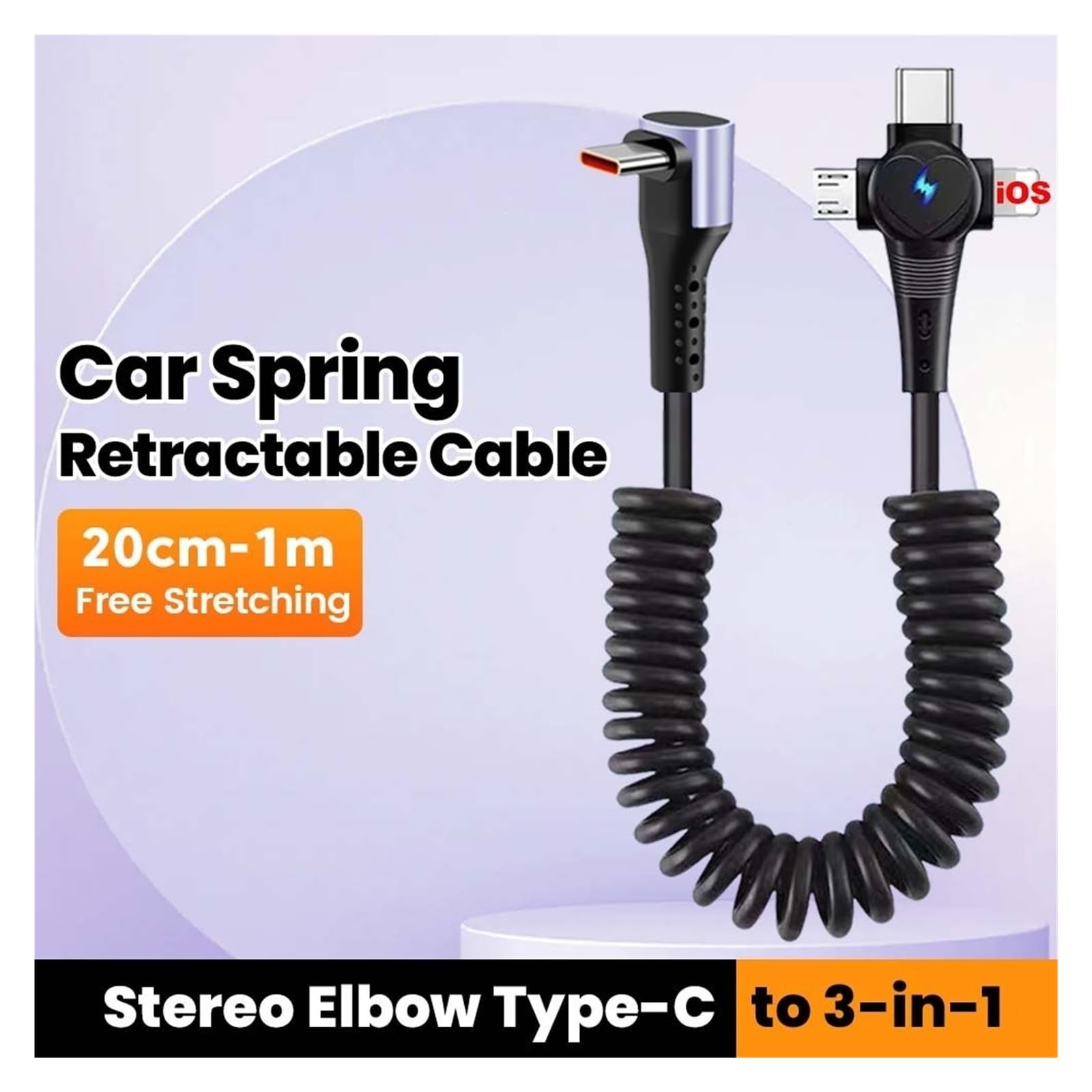 Cavo USB C a gomito a molla, 6 A, 66 W, ricarica rapida, tipo C, per iPhone e Samsung (3 in 1 a tipo C)