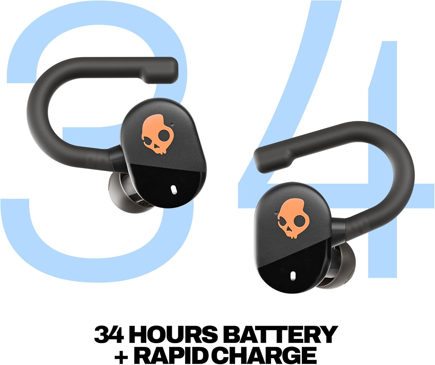 Skullcandy Push Play Active Wireless Earbuds, Bluetooth Headphones, Noise Isolating Fit, 34 Hrs Battery, Secure-Fit Over-Ear Hanger, Sweat Water Resistant, Microphone for iPhone Android - Black/Orange - Image 2