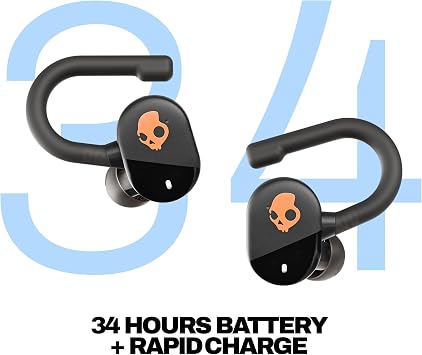 Skullcandy Push Play Active Wireless Earbuds - True Black/Orange | In-Ear Hanger, Bluetooth, Noise Isolating 58 Hours Battery, Sweat and Water Resistant, Microphone, Running Outdoors, Exercise