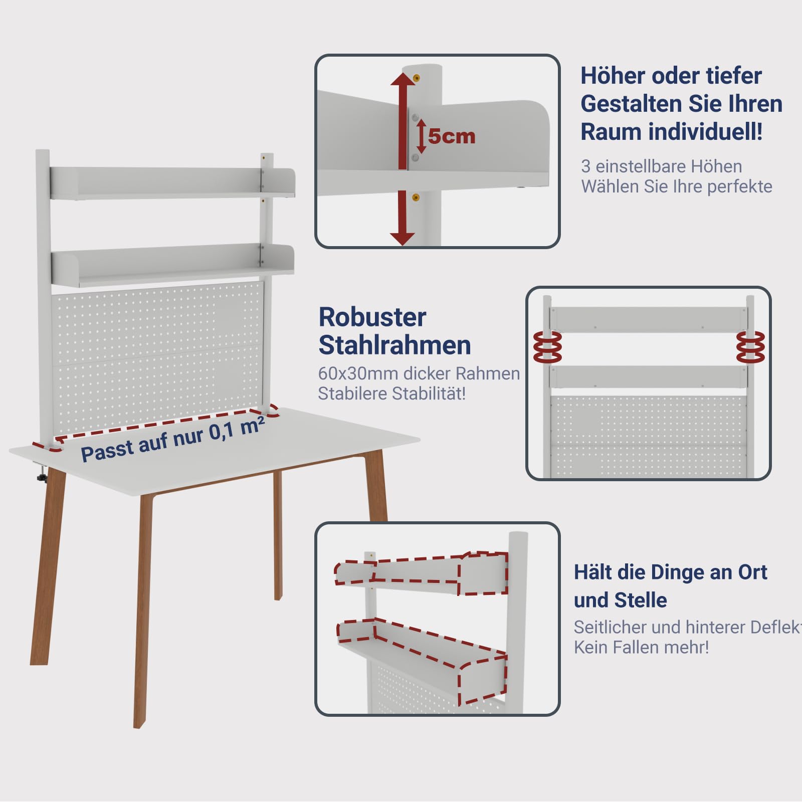 Schreibtischregal mit 2 Ebenen, zum Anklemmen, weiß, 100 cm, Bücherregal mit Lochwand, Aufbewahrungsorganisator für Zuhause, Büro oder Wohnheim