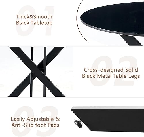 Miniatura 7 de Moderno juego de mesa de comedor redonda de 5 piezas, mesa de MDF circular negra y 4 sillas de comedor blancas Boucle, muebles de cocina con marco