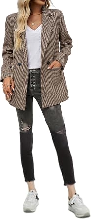 Womens Oversized Double Breasted Suit Jacket Houndstooth Casual Boyfriend Style Work Office Blazer