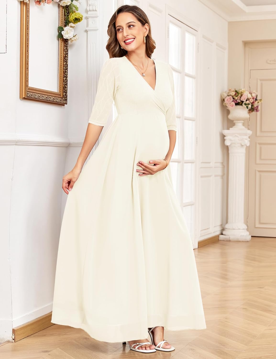 AISWI 3/4 Sleeve Maternity Dress Leaf Lace Contrast Chiffon V Neck Wrap A Line Flowy Pregnancy Dresses for Baby Shower