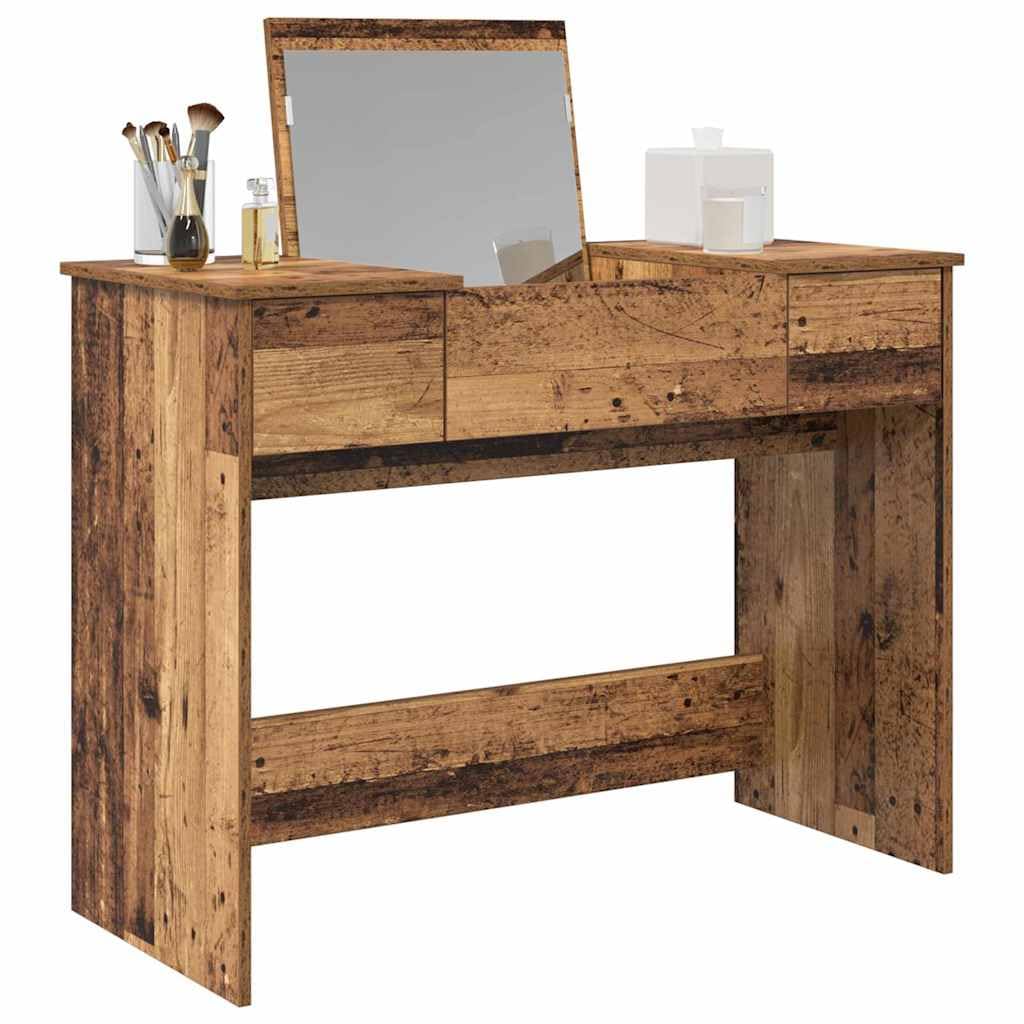 Kosmetiktisch Altholz mit 2 Schubladen und Spiegel 100 x 45 x 76 cm, Schminktisch mit Stauraum für Schlafzimmer, Ankleidezimmer, Makeup und Styling