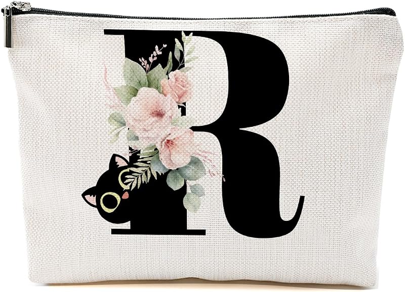 Necessaire de maquiagem CFGBFDGH com estampa floral e gato R, lona, zíper, 1 unidade