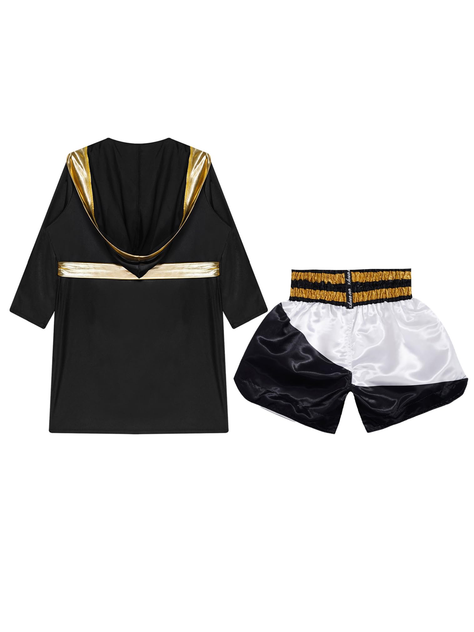 FEESHOW Dziecięce bokserki bokserskie szorty i płaszcz bokserski chłopięce Muay Thai Fight szorty satynowy płaszcz z kapturem strój