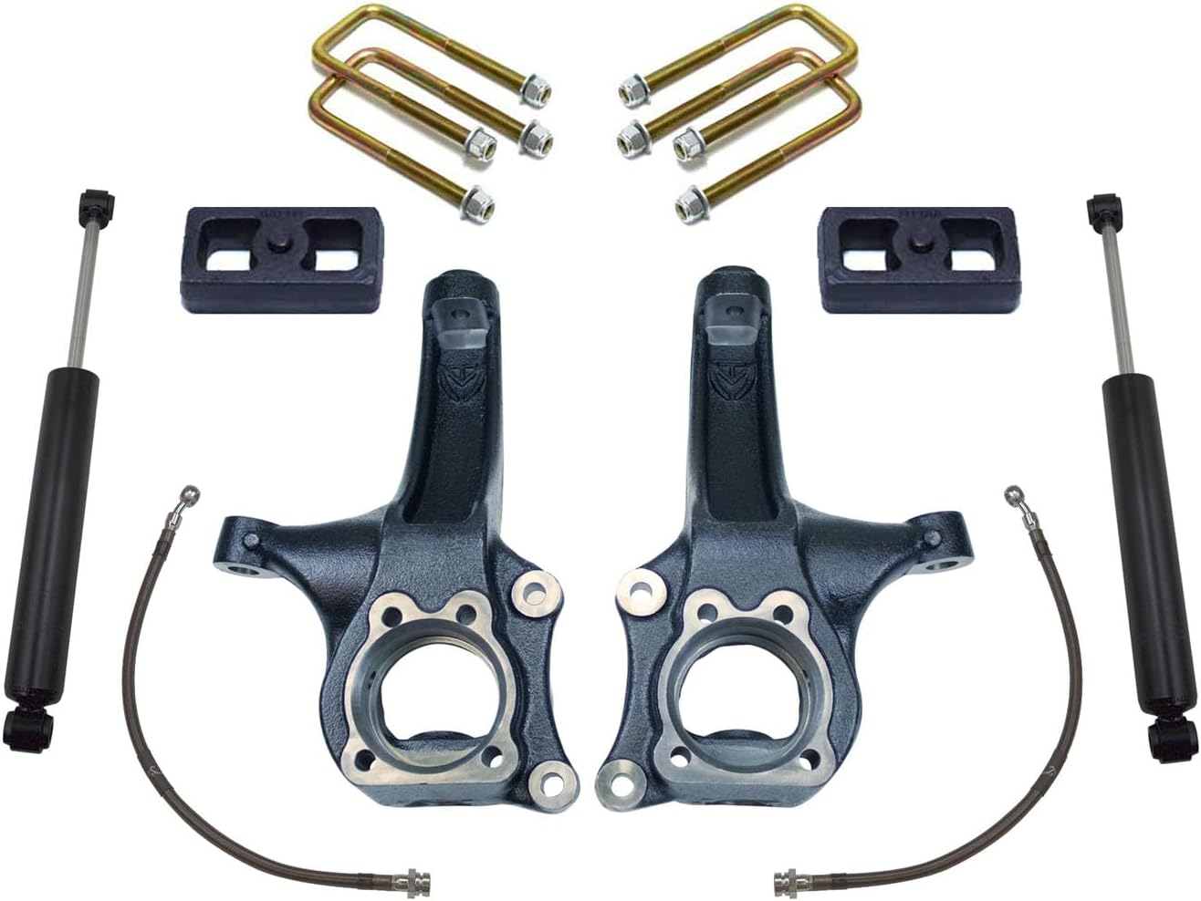 MaxTrac K880442 Suspension Lift Kit w/Shocks 4 in. Lift Incl. Front Spindles With Brake Lines/Rear Blocks/U-Bolts/Rear MaxTrac Shocks Suspension Lift Kit w/Shocks