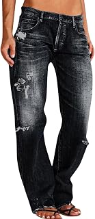 CTRLZS Plus Size Jeans for Women High Waisted Stretchy Ripped Raw Hem Vintage Distressed Relaxed Fit Straight Leg Denim Pants