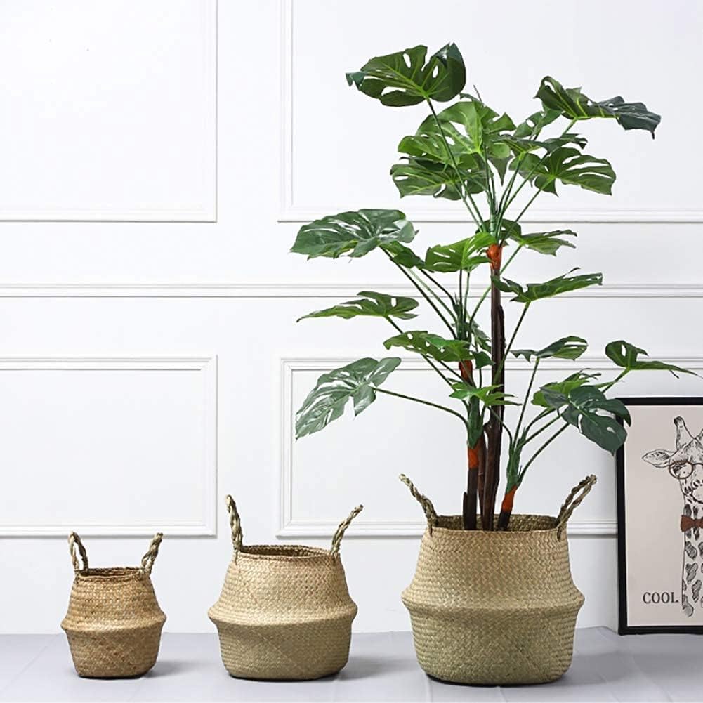 CENGOOD 3Pcs Seagrass Woven Storage Belly Baskets Nordic style with Handle for Plant Pot Garden Toys Container Decorative 22x20CM/27x24CM/32x28CM (White)