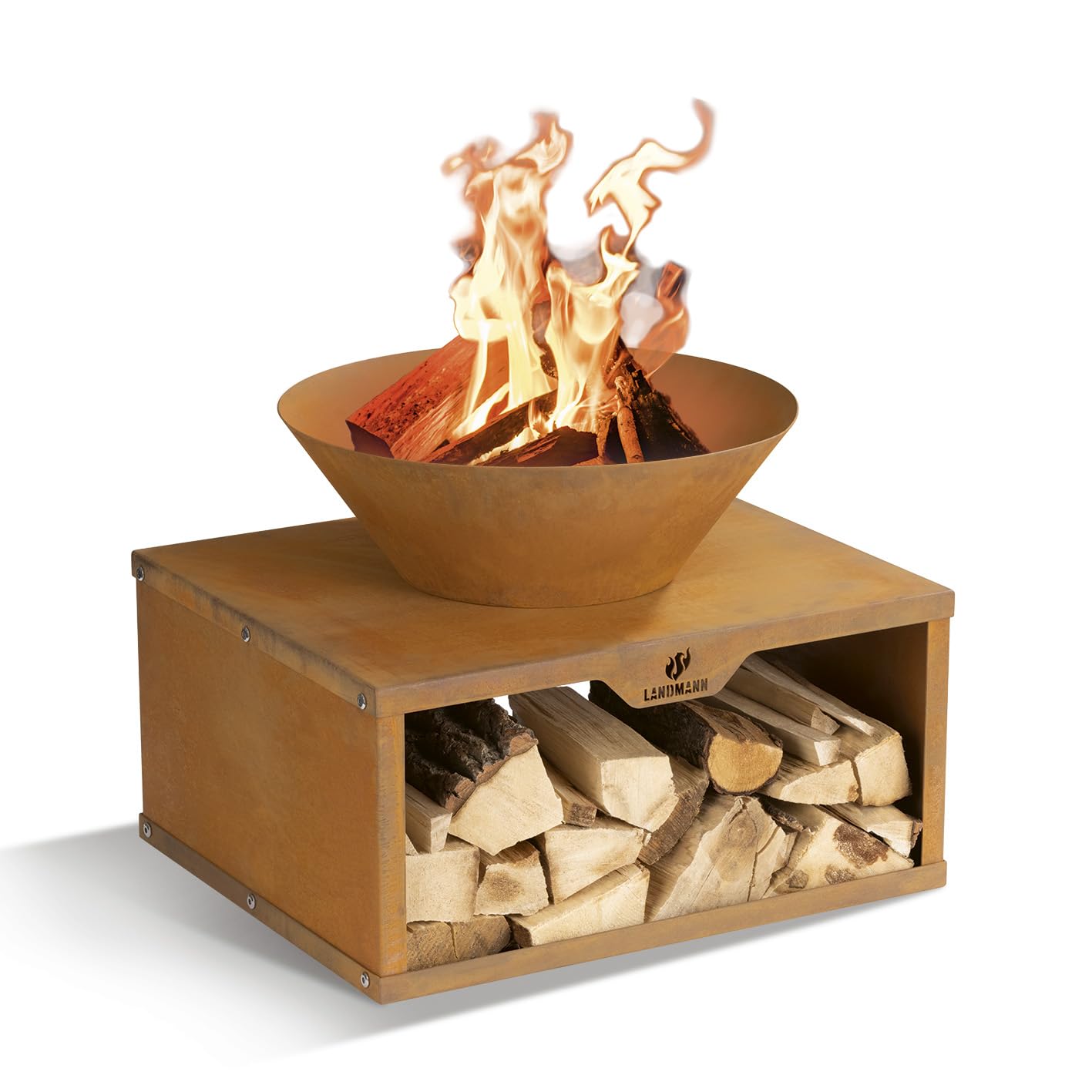 LANDMANN Fire Bowl with Wooden Storage Compartment, Robust Corten Steel Bowl for Cosy Outdoor Evenings, With Practical Storage Space for Logs, Easy Assembly  Rustic Design