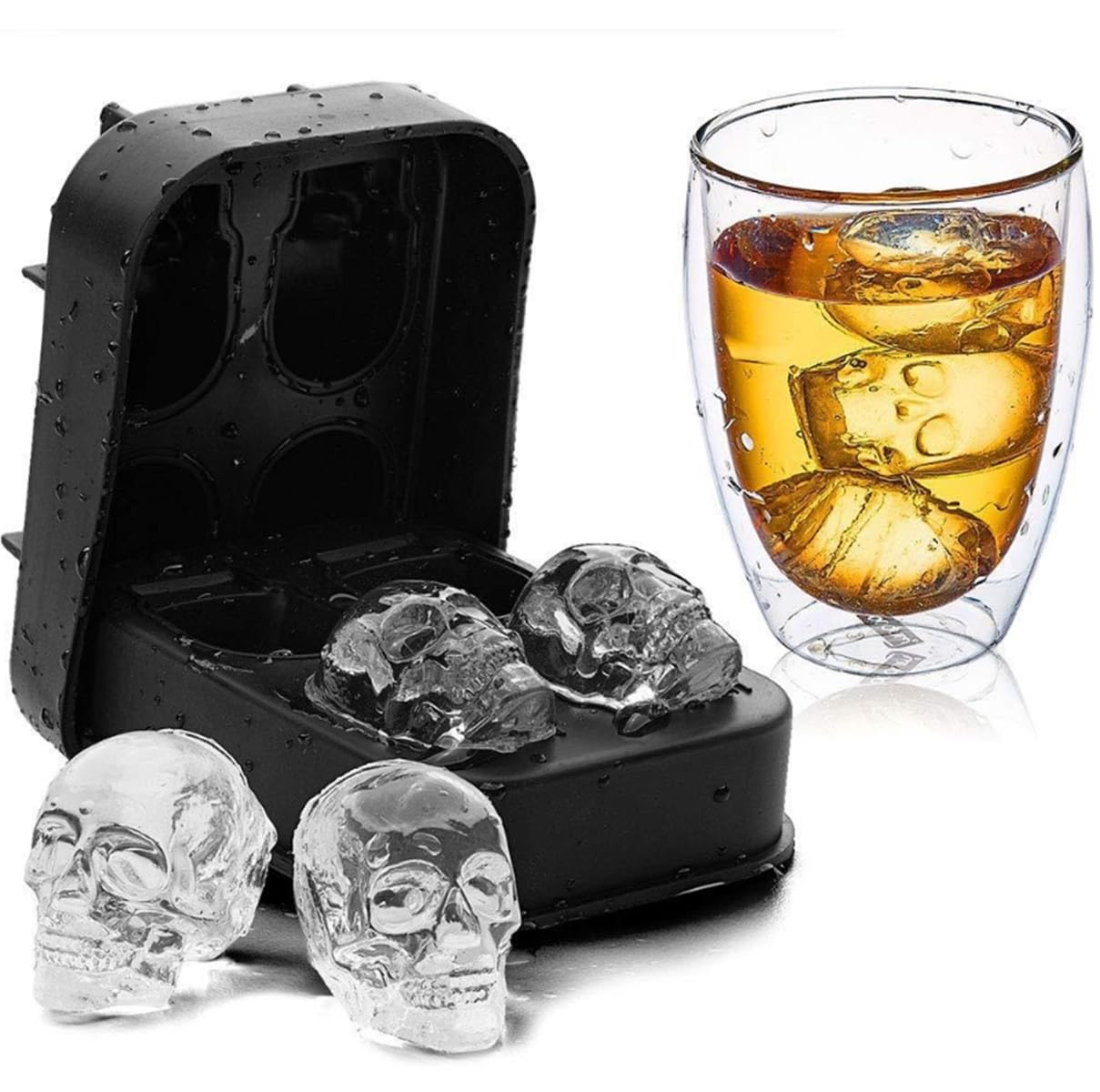 JKWINS 3D Large Skull Ice Cube Mold Tray Round Whiskey Ice Mold Easy Release Silicone Mold with Lid for Whiskey Drinkers, Bartenders Home Bar
