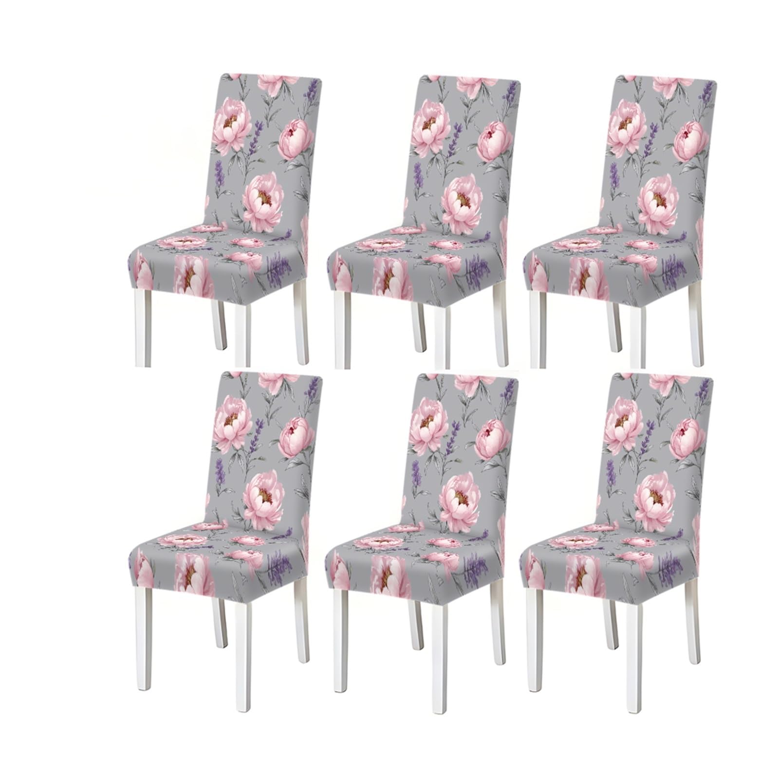Bosuybn One Color Gray Background Pink Peony Lavender Floral Pattern Print Dining Chair Covers Set Of 2/4/6, Stretch Slipcovers For Kitchen Dining Room Furniture Protectors For Home Dining Room(6Pcschair Cover)