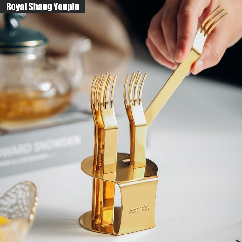 Creative - Juego de tenedores de frutas de acero inoxidable para el hogar, tenedor para tartas, fruta, ligero, con base (dorado, 6 piezas + base)