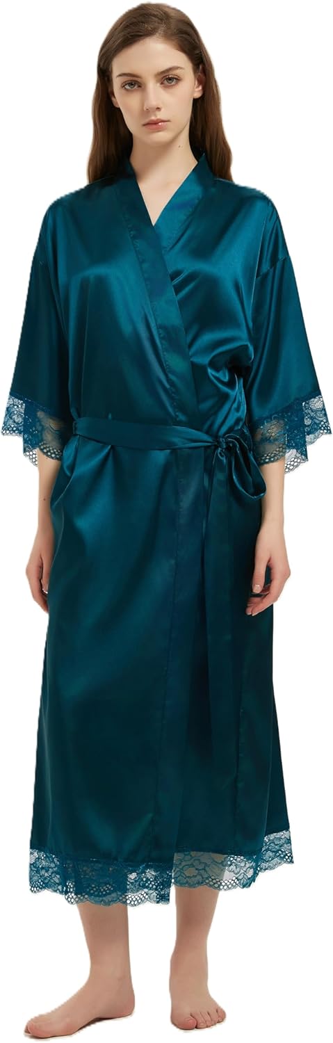 Women's Satin Robe Long Silk Kimono Bathrobe Lace Trim Bride Bridesmaid Robes Wedding Party Sleepwear Loungewear