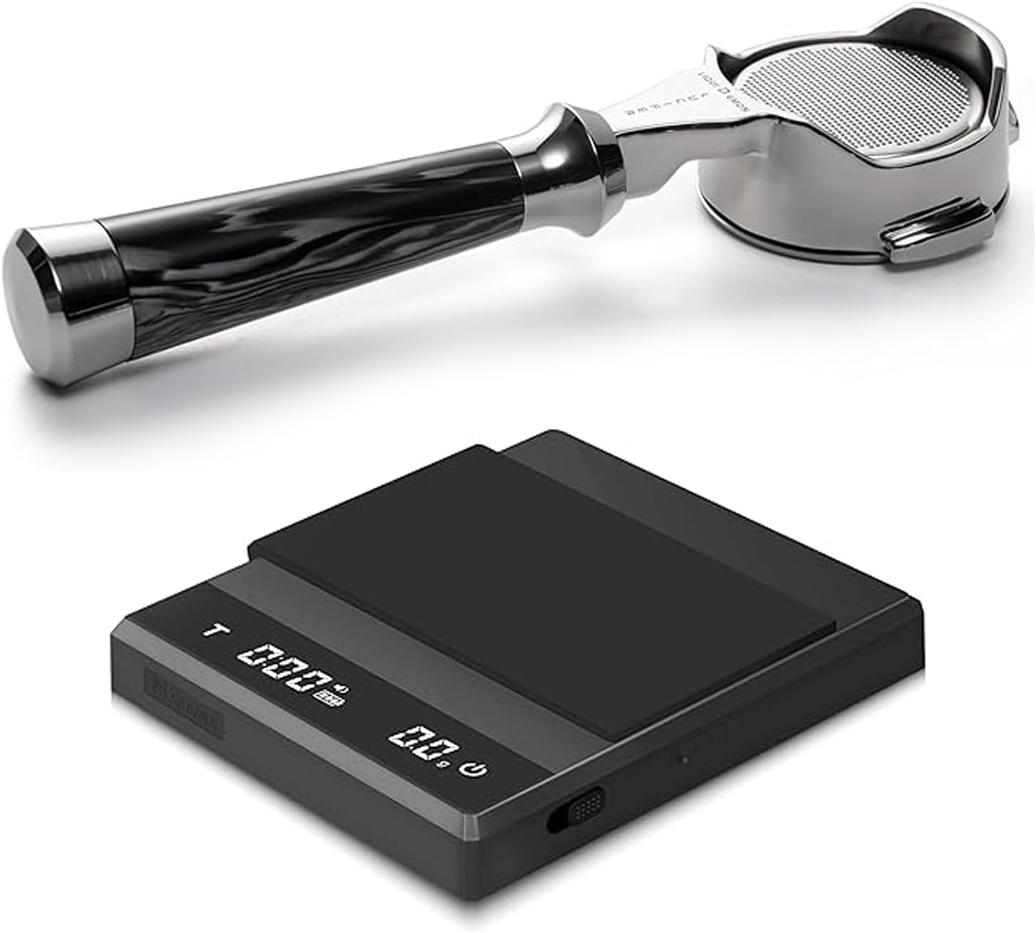 58mm Bottomless Portafilter (3-Ear, Black) & Large Digital Coffee Scale with Timer (Black) - Espresso Kit