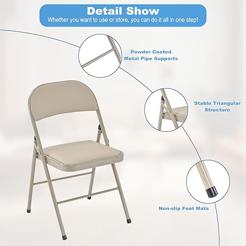 Miniatura 7 de Paquete de 6 sillas plegables con cojín acolchado y respaldo, sillas plegables acolchadas con marco de acero, asiento comercial apilable portátil