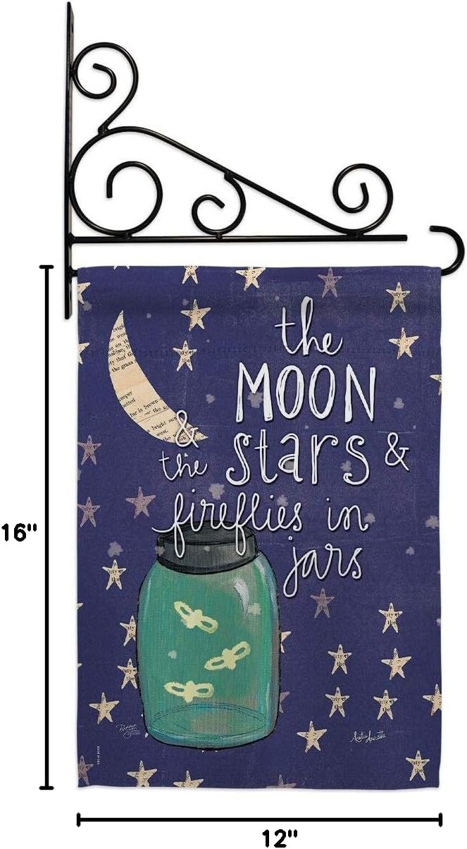 Moon Stars Fireflies Jars Garden Flag Set Wall Holder Sweet Life Expression Spiritual Hope Love Wisdom Support Emotion Postive Small Gift Yard House Banner Made In USA 13 X 18.5