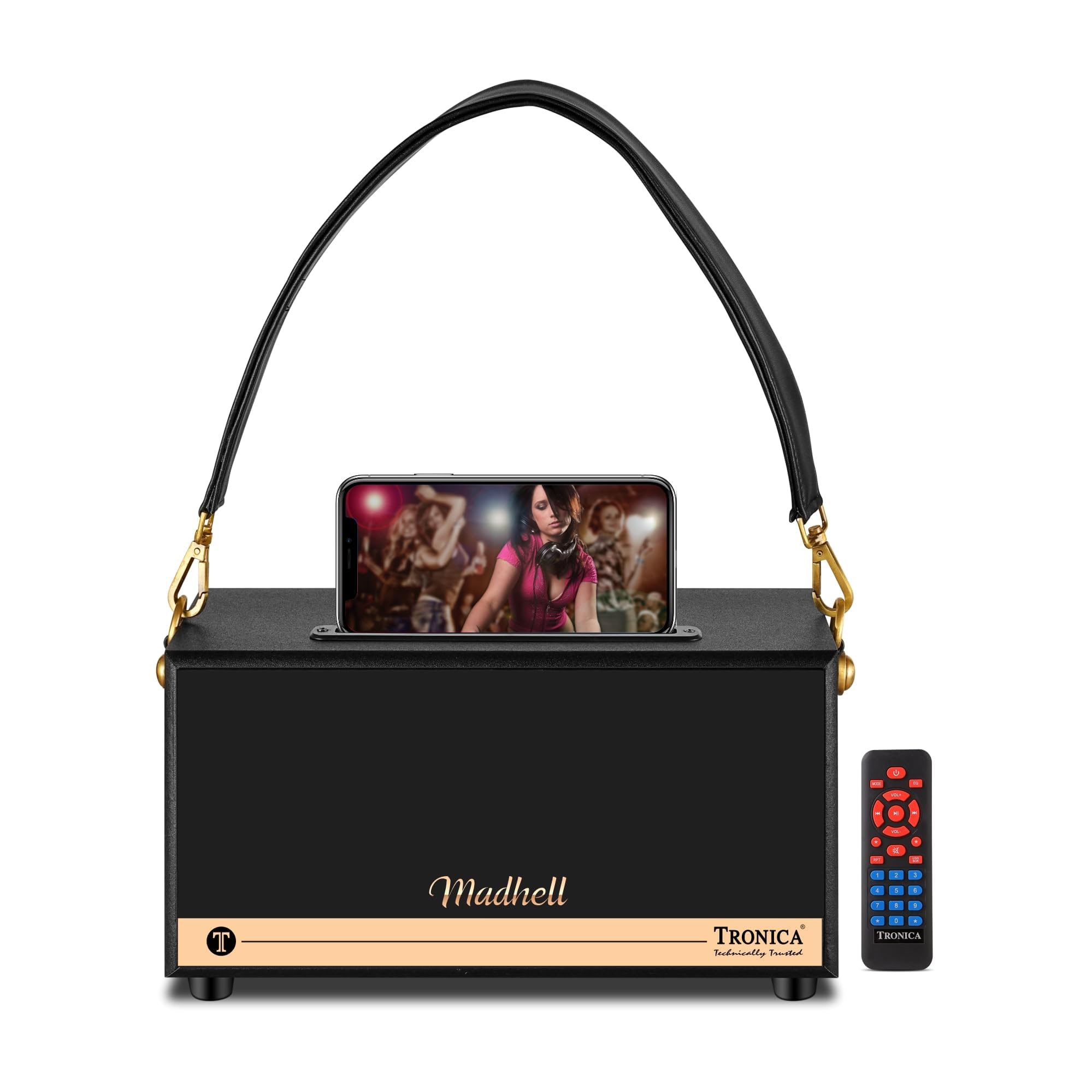 TRONICA MADHELL Wireless Bluetooth Speaker with 20W RMS Stereo Sound, Display & Remote,TWS Feature, bettary Enabled Up to 4-5 hr Total Playtime, Multi-Compatibility Modes & Belt, Home Audio Speakers