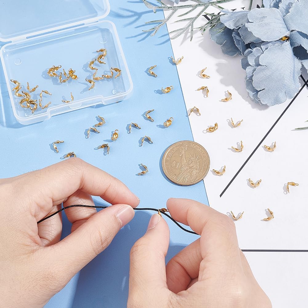 UNICRAFTALE 50pcs Golden Bead Tips Stainless Steel Calotte Ends Open Clamshell Knot Covers Fold-Over Bead Tips 1mm Small Hole End Caps for Knots & Crimp Findings Crafts 5x3x2mm - Image 3